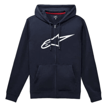 Grand Prix Racewear navy hoodie with white logo, ideal for motorsport fans and racers, featuring a front pocket and adjustable drawstrings.