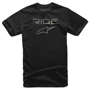 Black racing T-shirt with 'RIDE' text and Alpinestars logo, designed for motorsport enthusiasts, featuring high-quality fabric and stylish print.