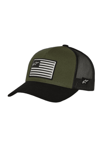 Green and black trucker cap with American flag patch and Alpinestars logo, suitable for motorsport enthusiasts.