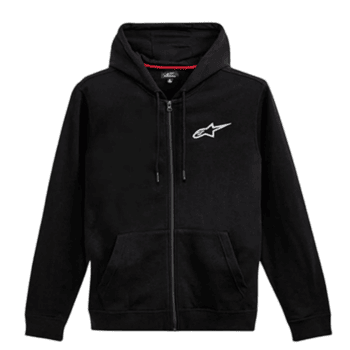 Black Alpinestars zip-up hoodie with logo, ideal for motorsport fans and racers.
