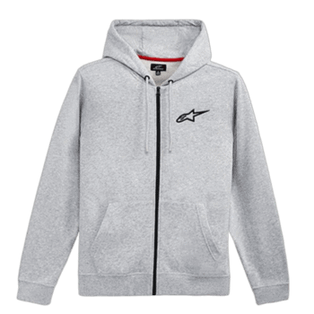 Grey Alpinestars zip-up hoodie with logo, ideal for motorsport fans and racewear enthusiasts.