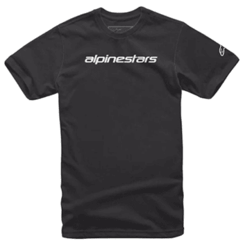 Black Alpinestars racing T-shirt with white logo, designed for motorsport enthusiasts and racewear fans.