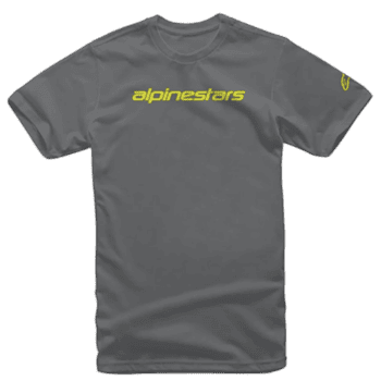 Alpinestars grey racing T-shirt with yellow logo, designed for motorsport enthusiasts and racewear fans.