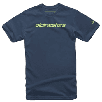 Alpinestars racing t-shirt in navy blue with lime green logo, designed for motorsport enthusiasts and racewear fans.