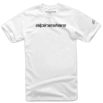White Alpinestars racing T-shirt with black logo, ideal for motorsport enthusiasts and racewear fans.