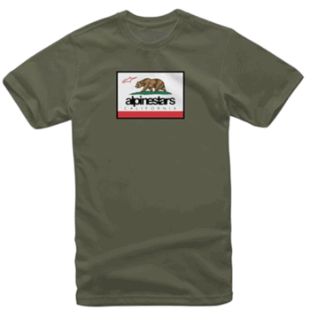 Olive green T-shirt featuring the Alpinestars California logo with a bear and mountain design.