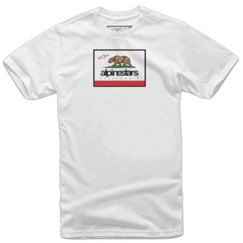 White T-shirt featuring Abinestras California logo with bear and mountain design, perfect for racewear enthusiasts and motorsport fans.