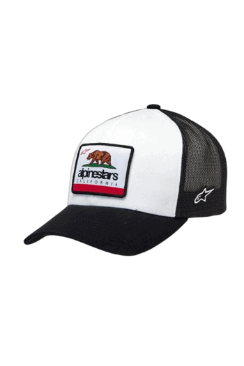 Black and white Grand Prix Racewear cap with Apinestars California logo, adjustable strap, and mesh back for racing enthusiasts.
