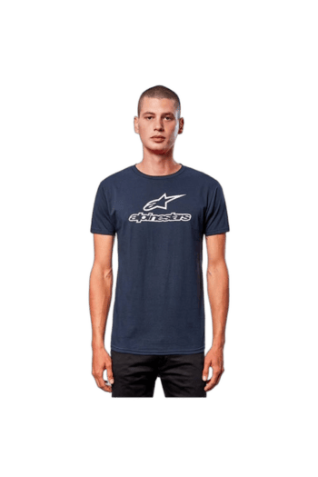 Male model wearing Alpinestars racing T-shirt, front view, casual apparel for motorsport enthusiasts.