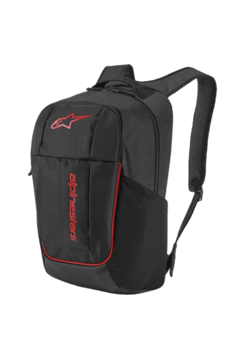 Black Alpinestars racing backpack with red logo and accents, designed for motorsport enthusiasts and racers.