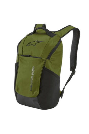 Green and black Alpinestars racing backpack with multiple compartments for motorsport gear.