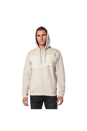 Male model wearing a white Grand Prix Racewear hoodie with a front zipper and hood, suitable for motorsport enthusiasts and racing events.