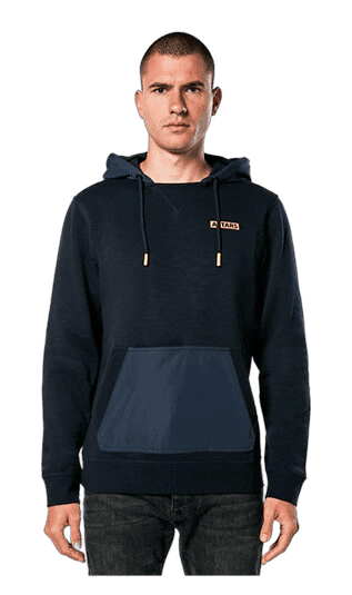 Male model wearing Grand Prix Racewear hoodie with logo, front view, black and navy blue colours, casual style.