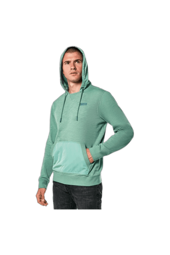 Men's mint green hoodie with drawstrings and front pocket, ideal for motorsport enthusiasts and racewear fans.
