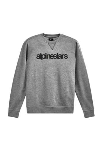 Grey Alpinestars sweatshirt with black logo, ideal for motorsport enthusiasts and casual wear.