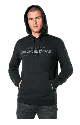 Male model wearing black Grand Prix Racewear hoodie with Alpine Stars logo, front view, casual pose.