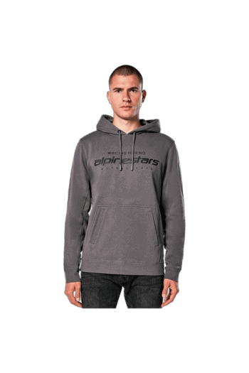Man wearing grey Grand Prix Racewear hoodie with logo, standing against a white background.