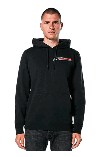 Male model wearing Grand Prix Racewear black hoodie with logo, suitable for motorsport enthusiasts and racers.
