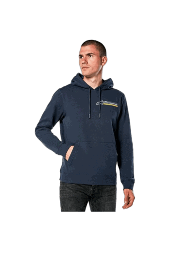 Male model wearing a navy blue Grand Prix Racewear hoodie with racing stripe details, suitable for motorsport enthusiasts and racers.