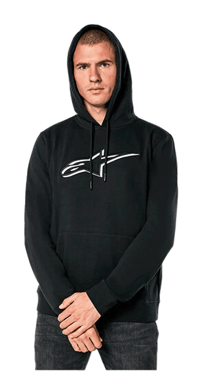 Male model wearing Grand Prix Racewear black hoodie with logo, standing with hands clasped, against a plain background.