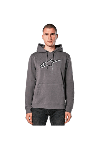 Male model wearing a grey Grand Prix Racewear hoodie with logo, suitable for motorsport enthusiasts and racers.