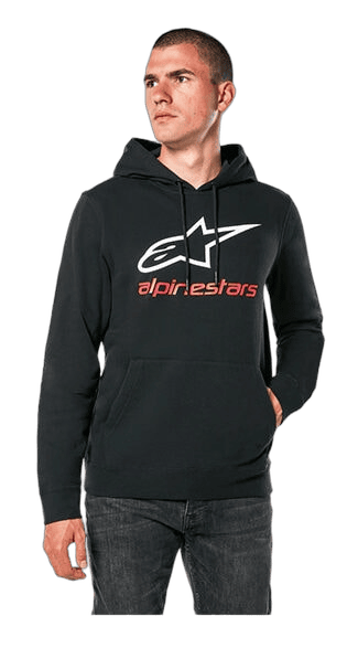 Male model wearing black Alpinestars hoodie with logo, standing with hands in pockets, against a plain background.