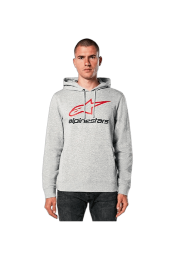 Young man wearing a grey Grand Prix Racewear hoodie with Alpinestars logo, standing against a plain background.