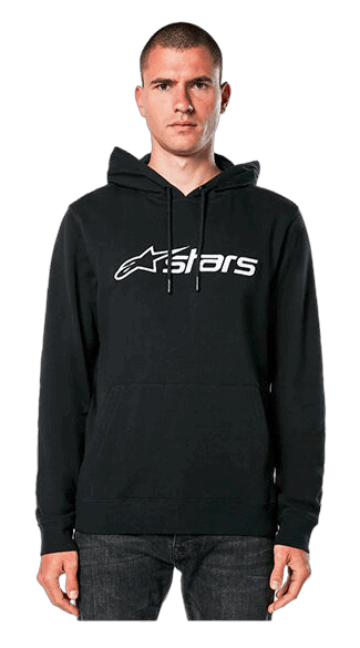 Young man wearing a black Grand Prix Racewear hoodie with Alpinestars logo, suitable for motorsport enthusiasts and racers.