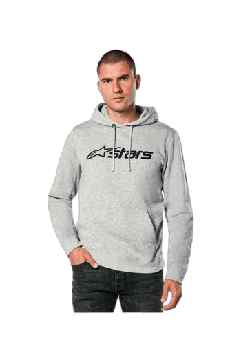 Young man wearing a grey Grand Prix Racewear hoodie with Alpinestars logo, standing confidently against a plain background.