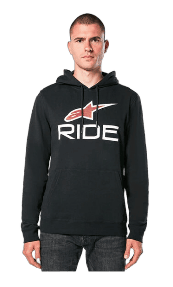 Male model wearing Grand Prix Racewear hoodie with Alpinestars logo, suitable for motorsport enthusiasts and racers.