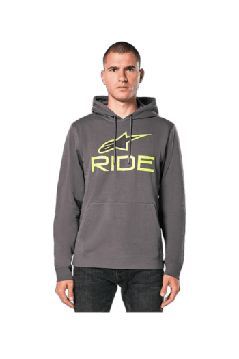 Men's grey Grand Prix Racewear hoodie with yellow 'GT RIDE' logo, designed for motorsport enthusiasts and racers.