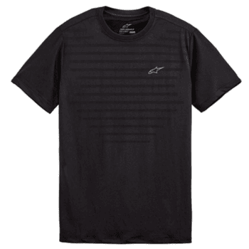 Black Alpinestars racing T-shirt with subtle stripe pattern and logo, ideal for motorsport enthusiasts and racewear fans.