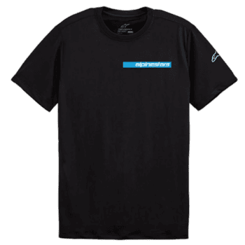 Black Alpinestars racing T-shirt with blue logo, designed for motorsport enthusiasts and racewear fans.