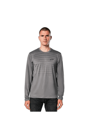 Male model wearing grey Grand Prix Racewear long-sleeve racing jersey with subtle stripe design, suitable for motorsport enthusiasts and professional racers.