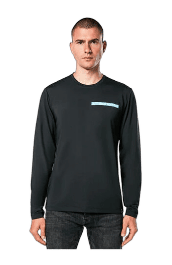 Men's black racing jersey with light blue stripe, designed for Grand Prix Racewear, ideal for motorsport enthusiasts and professional racers.