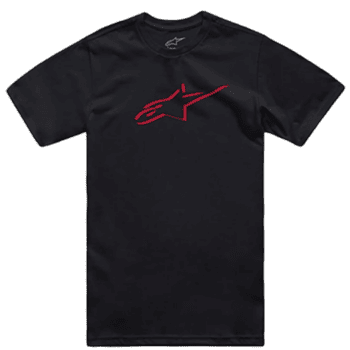 Black Alpinestars racing T-shirt with red logo, designed for motorsport enthusiasts, featuring a comfortable fit and high-quality fabric.
