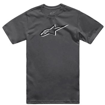 Black Alpinestars racing T-shirt with white logo, designed for motorsport enthusiasts and racewear fans.