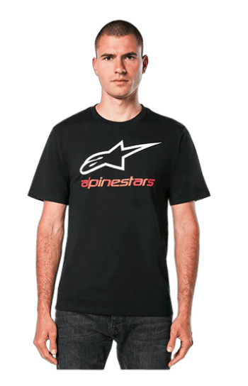 Male model wearing black Grand Prix Racewear T-shirt with Alpinestars logo, suitable for motorsport enthusiasts and racers.