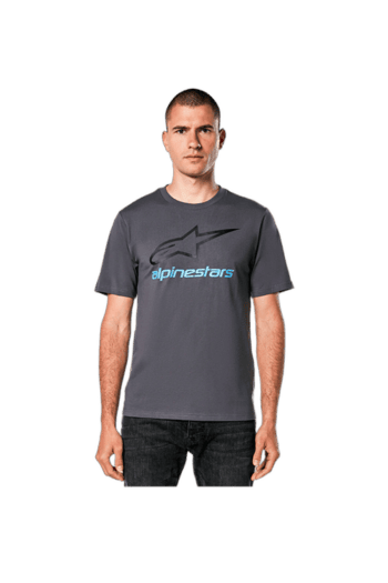 Man wearing Alpinestars grey T-shirt with logo, standing against a white background.