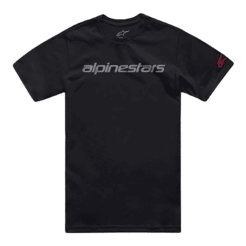 Black Alpinestars racing T-shirt with grey logo and red detail on sleeve, designed for motorsport enthusiasts.