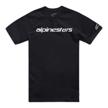 Black Alpinestars racing T-shirt with white logo, ideal for motorsport enthusiasts and racewear fans.