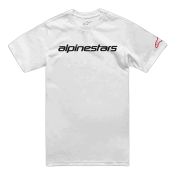 Alpinestars racing T-shirt in white with black logo and red detail on sleeve, designed for motorsport enthusiasts.