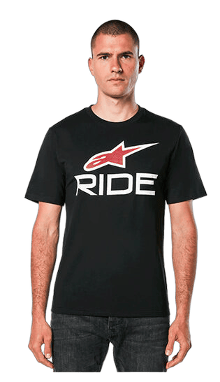 Male model wearing a black Grand Prix Racewear T-shirt with 'RIDE' logo, showcasing racing apparel for motorsport enthusiasts.