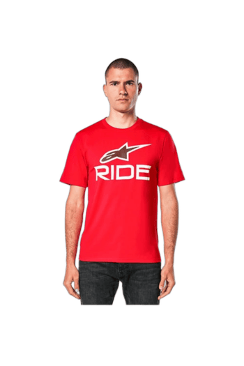Male model wearing a red Grand Prix Racewear T-shirt with 'RIDE' logo, suitable for motorsport enthusiasts and racers.