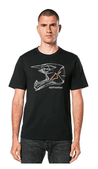 Male model wearing a black Grand Prix Racewear T-shirt with racing helmet graphic, showcasing motorsport apparel for racing enthusiasts.
