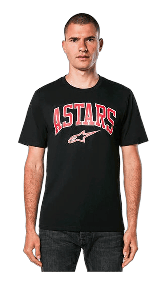 Male model wearing a black Grand Prix Racewear T-shirt with 'ASTARS' logo and Alpinestars symbol, showcasing racing apparel for motorsport enthusiasts.