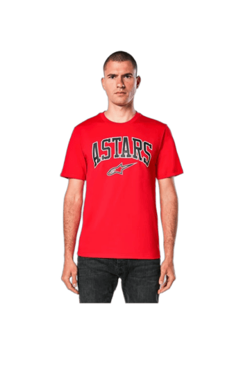 Red Grand Prix Racewear T-shirt with 'ASTARS' logo and Alpinestars branding, designed for motorsport enthusiasts and racers.
