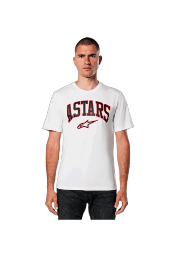 Man wearing a white Grand Prix Racewear T-shirt with 'ASTARS' logo, standing against a plain background.