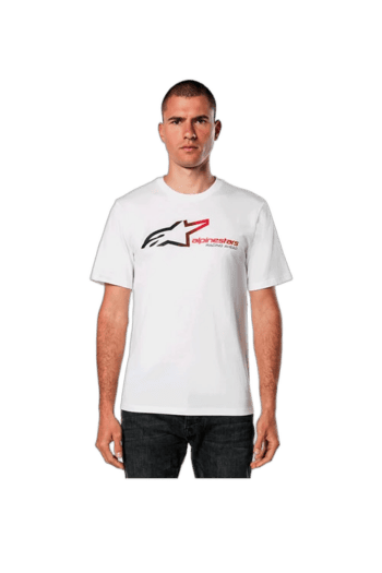 Man wearing Grand Prix Racewear T-shirt with logo, standing against plain background.