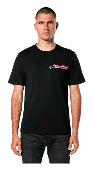 Male model wearing Grand Prix Racewear T-shirt with racing logo, showcasing motorsport apparel for racing enthusiasts.
